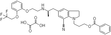 structure of CAS# 885340-12-5, 1-[3-(Benzoyloxy)propyl]-2,3-dihydro-5-[(2R)-2-[[2-[2-(2,2,2-trifluoroethoxy)phenoxy]ethyl]amino]propyl]-1H-indole-7-carbonitrile ethanedioate