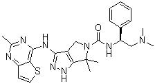 structure of CAS# 898044-15-0, PF 3758309;N-[(1S)-2-(Dimethylamino)-1-phenylethyl]-6,6-dimethyl-3-[(2-methylthieno[3,2-d]pyrimidin-4-yl)amino]-4,6-dihydropyrrolo[3,4-c]pyrazole-5(1H)-carboxamide