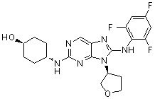 structure of CAS# 899805-25-5, Tanzisertib;trans-4-[[9-[(3S)-Tetrahydro-3-furanyl]-8-[(2,4,6-trifluorophenyl)amino]-9H-purin-2-yl]amino]cyclohexanol; CC 930