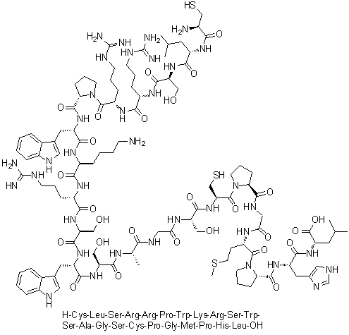 L-Cysteinyl-L-leucyl-L-seryl-L-arginyl-L-arginyl-L-prolyl-L-tryptophyl-L-lysyl-L-arginyl-L-seryl-L-tryptophyl-L-seryl-L-alanylglycyl-L-seryl-L-cysteinyl-L-prolylglycyl-L-methionyl-L-prolyl-L-histidyl-L-leucine molecular structure (CAS 907625-65-4)