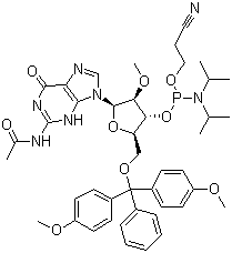 N-Acetyl-5'-O-(4,4-dimethoxytrityl)-2'-O-methylguanosine-3'-(2-cyanoethyl-N,N-diisopropyl)phosphoramidite molecular structure (CAS 909033-40-5)