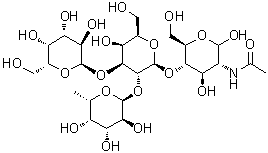 O-alpha-L-Fucopyranosyl-(1 → 2)-O-[alpha-D-galactopyranosyl-(1 → 3)]-O-beta-D-galactopyranosyl-(1 → 4)-2-acetamido-2-deoxy-D-glucopyranose molecular structure (CAS 909890-21-7)