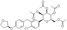 structure of CAS# 915095-99-7, (1S)-1,5-Anhydro-1-C-[4-chloro-3-[[4-[[(3S)-tetrahydro-3-furanyl]oxy]phenyl]methyl]phenyl]-D-glucitol tetraacetate;[(2R,3R,4R,5S,6S)-3,4,5-triacetyloxy-6-[4-chloro-3-[[4-[(3S)-oxolan-3-yl]oxyphenyl]methyl]phenyl]oxan-2-yl]methyl acetate