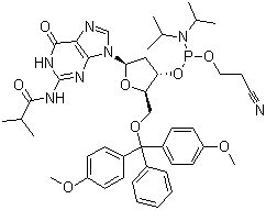 structure of CAS# 93183-15-4, 5'-O-(4,4-Dimethoxytrityl)-N-isobutyryl-2'-deoxyguanosine-3'-(2-cyanoethyl-N,N-diisopropyl)phosphoramidite;5'-O-DMT-2'-dG(N-iBu)-3'-CEDPA