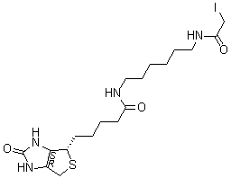 structure of CAS# 93285-75-7, N-Iodoacetyl-N'-biotinyl-1,6-hexanediamine;(3aS,4S,6aR)-Hexahydro-N-[6-[(iodoacetyl)amino]hexyl]-2-oxo-1H-thieno[3,4-d]imidazole-4-pentanamide
