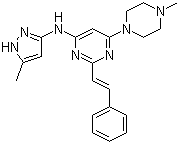 结构式 CAS# 934353-76-1, 6-(4-甲基-1-哌嗪基)-N-(5-甲基-1H-吡唑-3-基)-2-[(1E)-2-苯乙烯基]-4-嘧啶胺