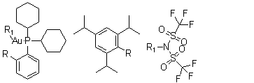 2-Dicyclohexylphosphino-2',4',6'-triisopropylbiphenyl gold(I) bis(trifluoro methanesulfonyl)imide molecular structure (CAS 934506-10-2)