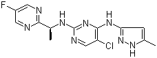 结构式 CAS# 935666-88-9, AZD 1480; 5-氯-N2-[(1S)-1-(5-氟-2-嘧啶基)乙基]-N4-(5-甲基-1H-吡唑-3-基)-2,4-嘧啶二胺
