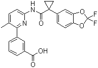 structure of CAS# 936727-05-8, VX 809;Lumacaftor; 3-[6-[[[1-(2,2-Difluoro-1,3-benzodioxol-5-yl)cyclopropyl]carbonyl]amino]-3-methyl-2-pyridinyl]benzoic acid