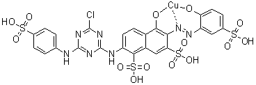 tetrahydrogen [2-[[4-chloro-6-[(4-sulfophenyl)amino]-1,3,5-triazin-2-yl]amino]-5-hydroxy-6-[(2-hydroxy-5-sulfophenyl)azo]-1,7-naphthalenedisulfonato(6-)]-Cuprate(4-) molecular structure (CAS 93858-40-3)