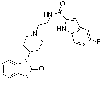 structure of CAS# 939055-18-2, 5-Fluoro-2-indolyl deschlorohalopemide;N-[2-[4-(2,3-Dihydro-2-oxo-1H-benzimidazol-1-yl)-1-piperidinyl]ethyl]-5-fluoro-1H-indole-2-carboxamide; FIPI