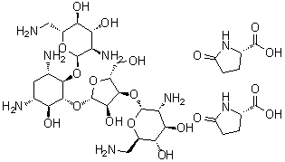 5-Oxo-L-proline compd. with O-2,6-diamino-2,6-dideoxy-alpha-D-glucopyranosyl-(1→4)-O-[O-2,6-diamino-2,6-dideoxy-alpha-D-glucopyranosyl-(1→3)-beta-D-ribofuranosyl-(1→5)]-2-deoxy-D-streptamine (2:1) molecular structure (CAS 93940-81-9)