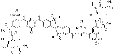 4,4'-[1,2-Ethenediylbis[(3-sulfo-4,1-phenylene)imino(6-chloro-1,3,5-triazine-4,2-diyl)imino]]bis[6-[[5-(aminocarbonyl)-1-ethyl-1,6-dihydro-2-hydroxy-4-methyl-6-oxo-3-pyridinyl]azo]-1,3-benzenedisulfonic acid molecular structure (CAS 93942-67-7)