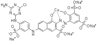 Tetrasodium [5-[[6-[[4-[(4-amino-6-chloro-1,3,5-triazin-2-yl)amino]-3-sulfophenyl]amino]-1-hydroxy-3-sulfo-2-naphthalenyl]azo]-4-hydroxy-1,3-benzenedisulfonato]cuprate molecular structure (CAS 93981-05-6)