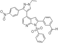 3-[4-[1-Ethyl-3-(4-nitrophenyl)-1H-pyrazol-4-yl]-1-(phenylsulfonyl)-1H-pyrrolo[2,3-b]pyridin-2-yl]benzaldehyde molecular structure (CAS 942920-00-5)