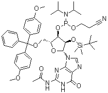 N-Acetyl-5'-O-[bis(4-methoxyphenyl)phenylmethyl]-2'-O-[(1,1-dimethylethyl)dimethylsilyl]guanosine 3'-[2-cyanoethyl N,N-bis(1-methylethyl)phosphoramidite] molecular structure (CAS 944138-03-8)
