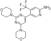 structure of CAS# 944396-07-0, NVP-BKM-120;5-[2,6-Di(4-morpholinyl)-4-pyrimidinyl]-4-(trifluoromethyl)-2-pyridinamine