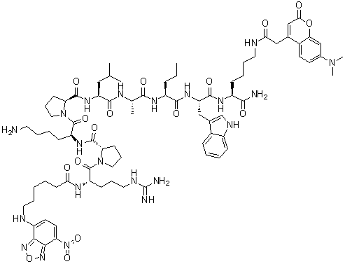 N2-[6-[(7-Nitro-2,1,3-benzoxadiazol-4-yl)amino]-1-oxohexyl]-L-arginyl-L-prolyl-L-lysyl-L-prolyl-L-leucyl-L-alanyl-L-norvalyl-L-tryptophyl-N6-[2-[7-(dimethylamino)-2-oxo-2H-1-benzopyran-4-yl]acetyl]-L-lysinamide molecular structure (CAS 945414-97-1)