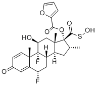 structure of CAS# 948566-11-8, Fluticasone Impurity 36;Thio-hydroxy Fluticasone Furoate;(6S,8S,9R,10S,11S,13S,14S,16R,17R)-6,9-Difluoro-17-((furan-2-carbonyl)oxy)-11-hydroxy-10,13,16-trimethyl-3-oxo-6,7,8,9,10,11,12,13,14,15,16,17-dodecahydro-3H-cyclopenta[a]phenanthrene-17-carbo(thioperoxoic )O-acid