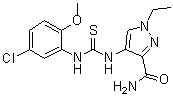structure of CAS# 957485-64-2, 4-[[[(5-Chloro-2-methoxyphenyl)amino]thioxomethyl]amino]-1-ethyl-1H-pyrazole-3-carboxamide
