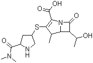 结构式 CAS# 96036-03-2, 美罗培南; 3-[[5-[(二甲氨基)羰基]-3-吡咯烷基]硫代]-6-(1-羟乙基)-4-甲基-7-氧代-1-氮杂双环[3,2,0]庚-2-烯-2-羧酸