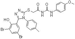 2-[[5-(3,5-Dibromo-2-hydroxyphenyl)-4-(4-methylphenyl)-4H-1,2,4-triazol-3-yl]thio]-N-[[(4-methoxyphenyl)amino]carbonyl]acetamide molecular structure (CAS 97399-37-6)