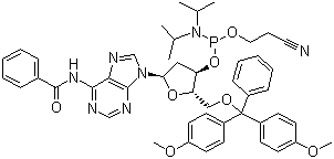 structure of CAS# 98796-53-3, 5'-O-(4,4'-Dimethoxytrityl)-N6-benzoyl-2'-deoxyadenosine-3'-(2-cyanoethyl-N,N-diisopropyl)phosphoramidite;N-Benzoyl-5'-O-[bis(4-methoxyphenyl)phenylmethyl]-2'-deoxy-adenosine 3'-[2-cyanoethyl bis(1-methylethyl)phosphoramidite]